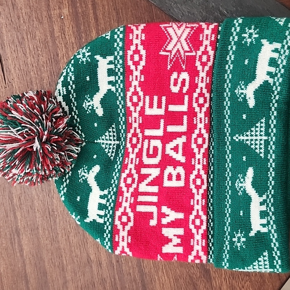 Ugly Christmas Hat Jingle My Balls, Deer, Trees, Knit Pom Pom